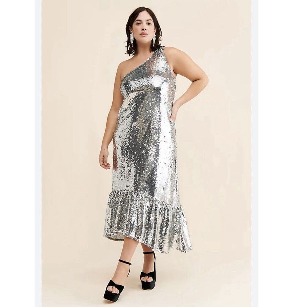 Anthropologie Maeve One-Shoulder Silver Sequin Maxi Dress XL Glam Party Cocktail - Picture 6 of 11